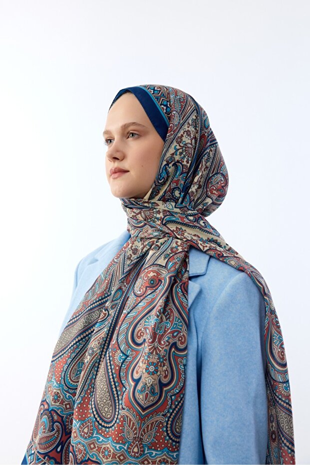 Midnight Blue Ethnic Patterned Shawl - Mina Pattern - 4
