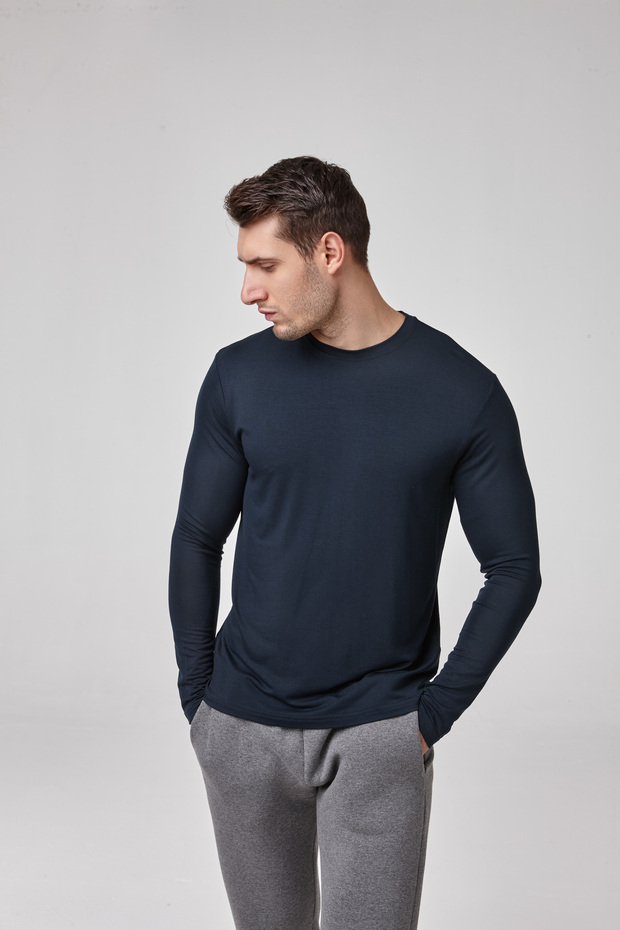 Men's Long Sleeve Navy Blue Modal T-Shirt – Crew Neck, Stretchy, Comfortable Fit, Basic Model C0T2N61