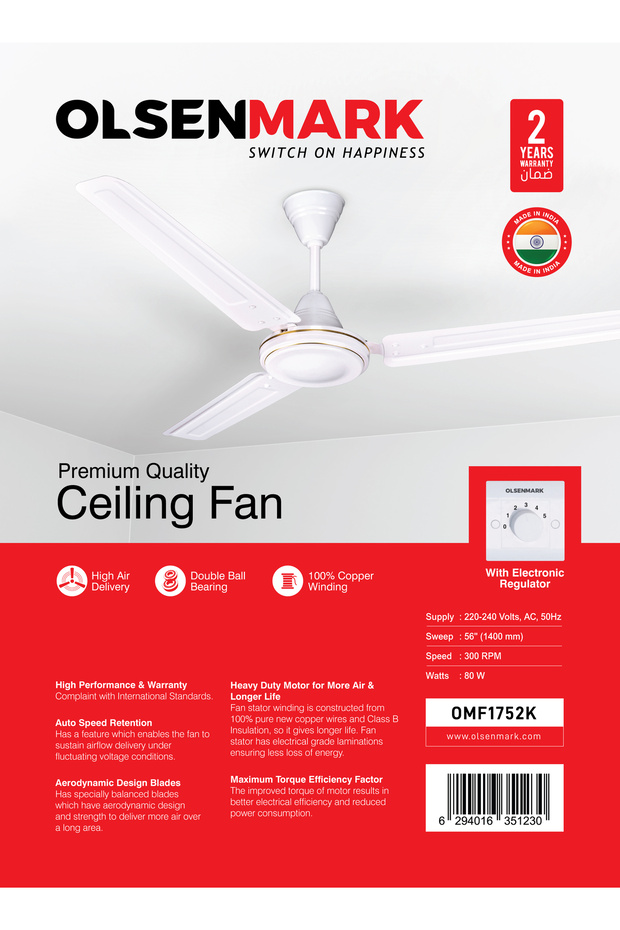 Ceiling Fan Omf1752 Double Ball Bearing Powerful 80w Motor , Fan