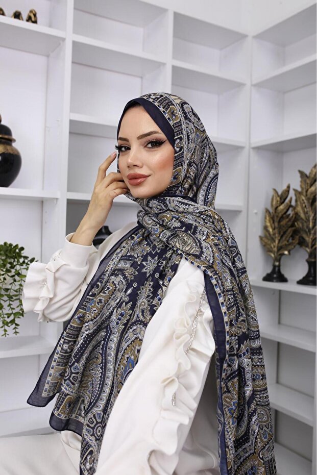 شال قطني ناعم بنمط عرقي قديم باللون الأزرق الداكن