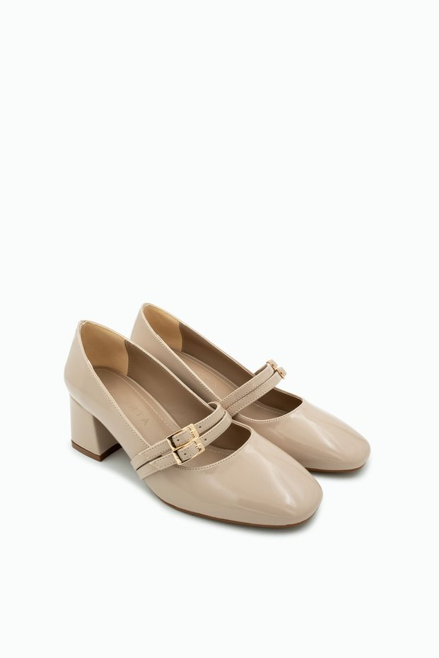 Betina Nude Thick Heeled Double Buckle Detailed Thick Heeled Women's Heeled Shoes