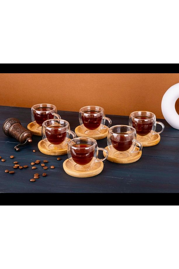 6 kişilik Bambu Tabaklı Çift Cidarlı Kahve Fincan Takımı Cidarlı Fincan Seti 80 ml 12 Parça - 1