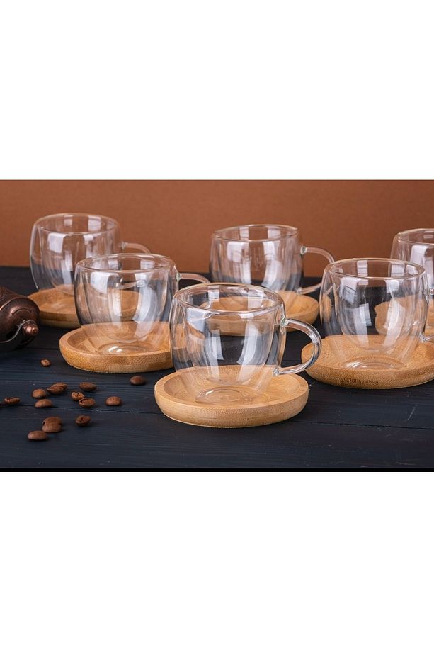 6 kişilik Bambu Tabaklı Çift Cidarlı Kahve Fincan Takımı Cidarlı Fincan Seti 80 ml 12 Parça - 7