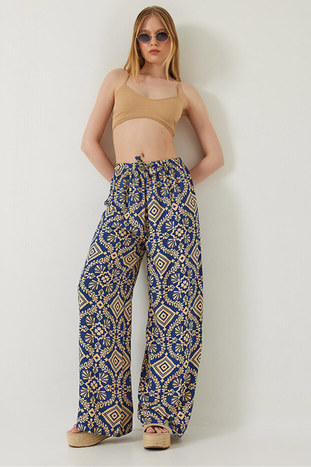 Women's Blue Waist-Tie Patterned Viscose Trousers 60261353