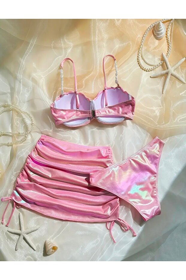 simli pembe üçlü bikini takımı - 2