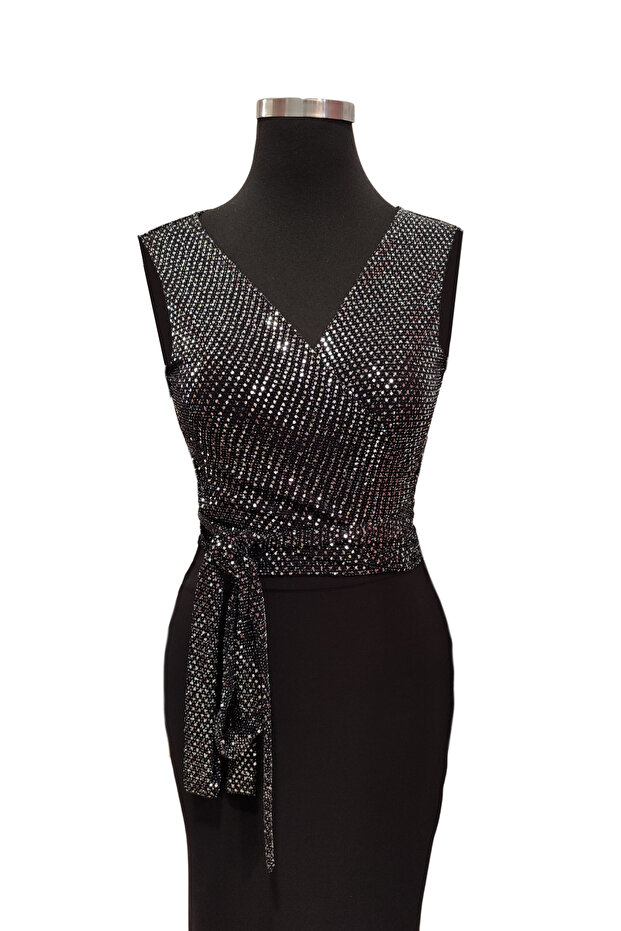 Anvelop Crop Bluz Payetli Siyah - 1
