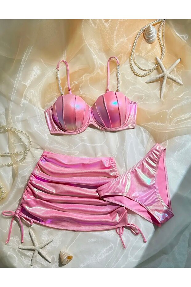 simli pembe üçlü bikini takımı - 1