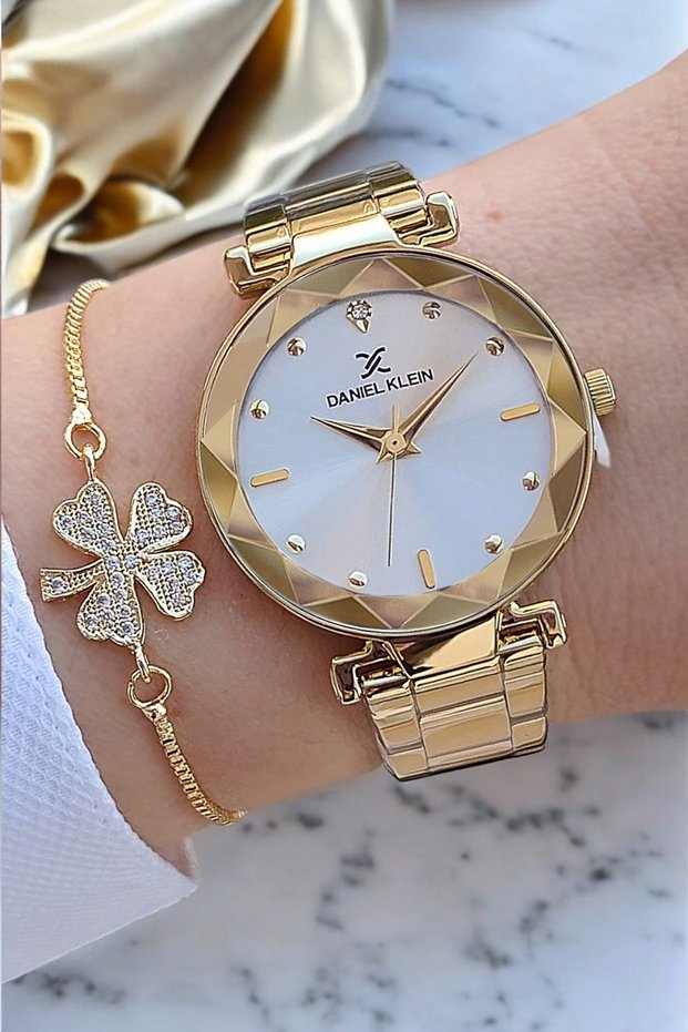 Cut Glass 33 mm Golden Yellow Stylish Women's Wristwatch with Zircon Stone Bracelet Gift