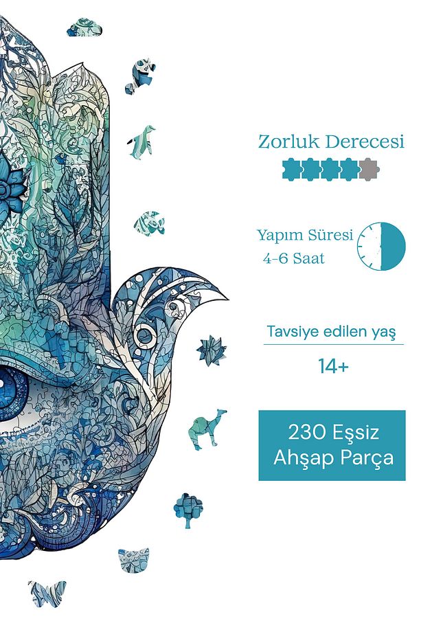 Ahşap Puzzle Hamsa Benzersiz Parçalı Yapboz 230 Parça Yapıştırıcı Folyo Dahil 28x34 Cm Wz-01 - 7