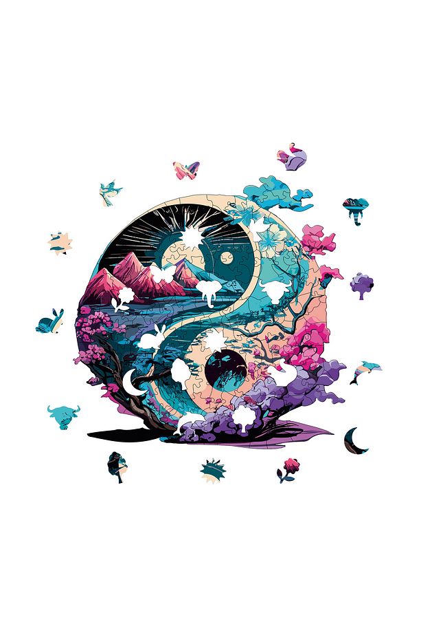 Ahşap Puzzle Yin Yang Benzersiz Parçalı Yapboz 141 Parça Yapıştırıcı Folyo Dahil 28x28 Cm Wz-12 - 4