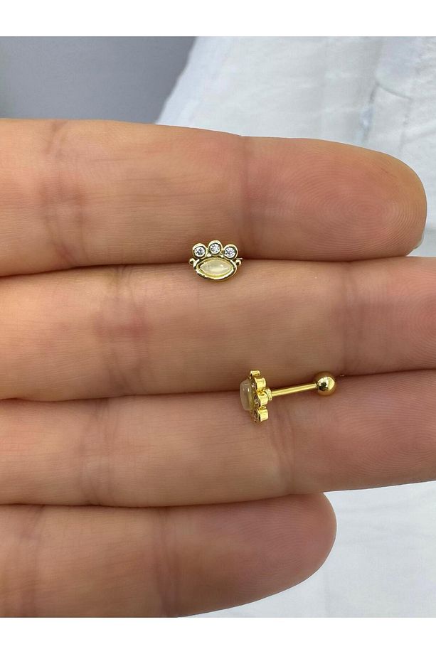 Zirkon ve sedef taşlı pati 1 adet tragus helix lobe conch flat lobe uyumlu piercing küpe - 1