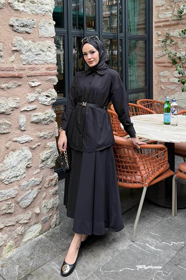 Black Belted Poplin Skirt Suit 32-3507