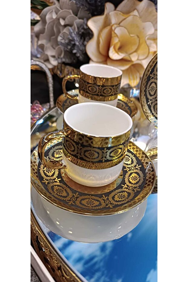 Porcelain Coffee Cup Set with Lenora Solid Embroidered Pattern - 7