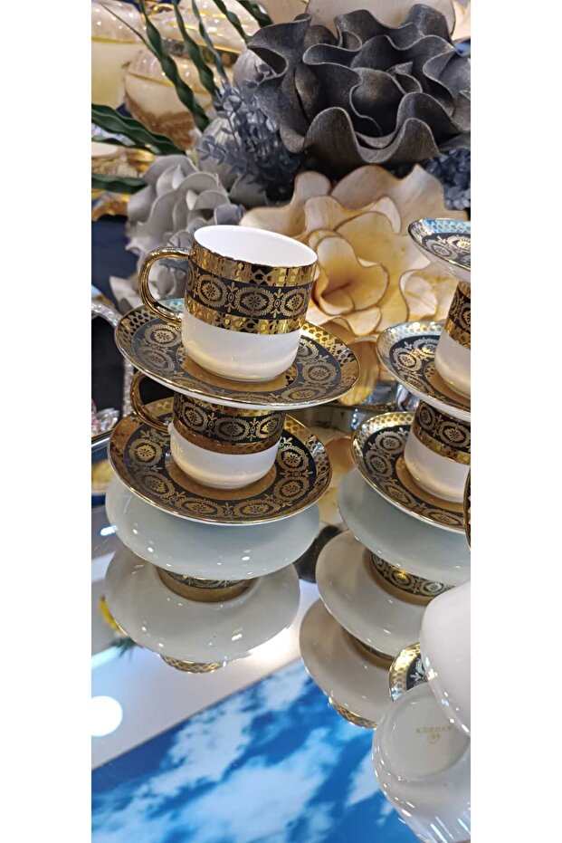 Porcelain Coffee Cup Set with Lenora Solid Embroidered Pattern - 5
