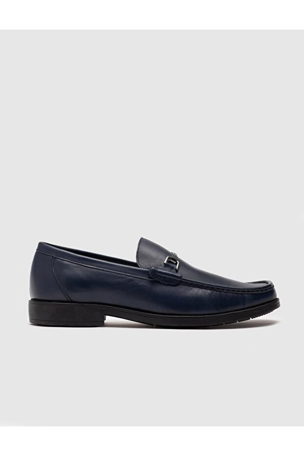 Genuine leather navy blue buckle detailed men's daily shoes