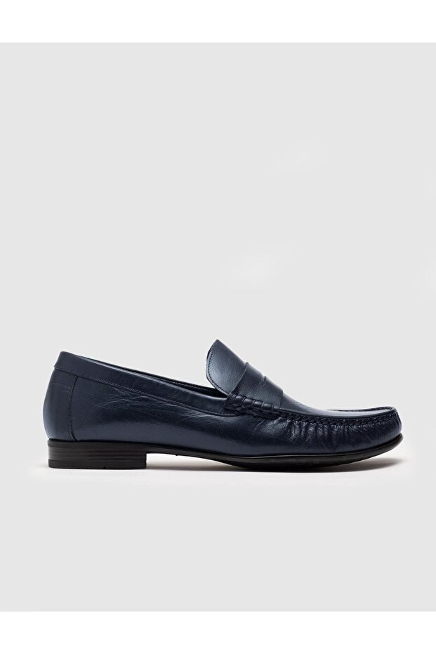 Men's Genuine Leather Navy Blue Loafer Shoes with Belt Detail