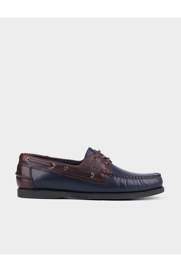Biella Genuine Leather Navy Blue Men's Casual Boat Shoes with Lace Detail