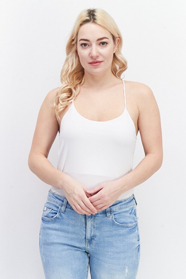 Women Plain Sleeveless Back Detail Cross Bodysuit, White