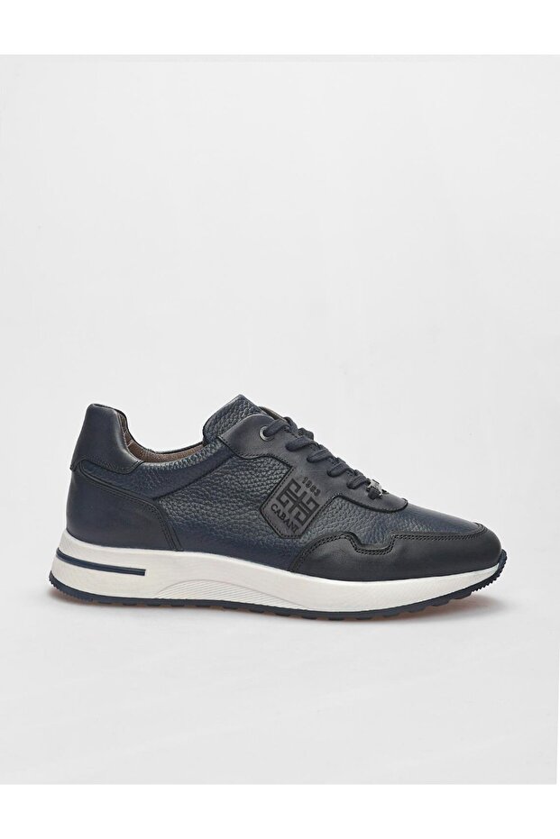 Genuine Leather Navy Blue Lace-Up Men's Sports Shoes