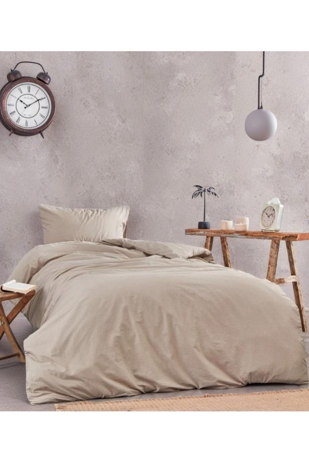 Single Person Beige Color Divet Set with Quilt Cover + Pillow Cover 155X215 Zipper