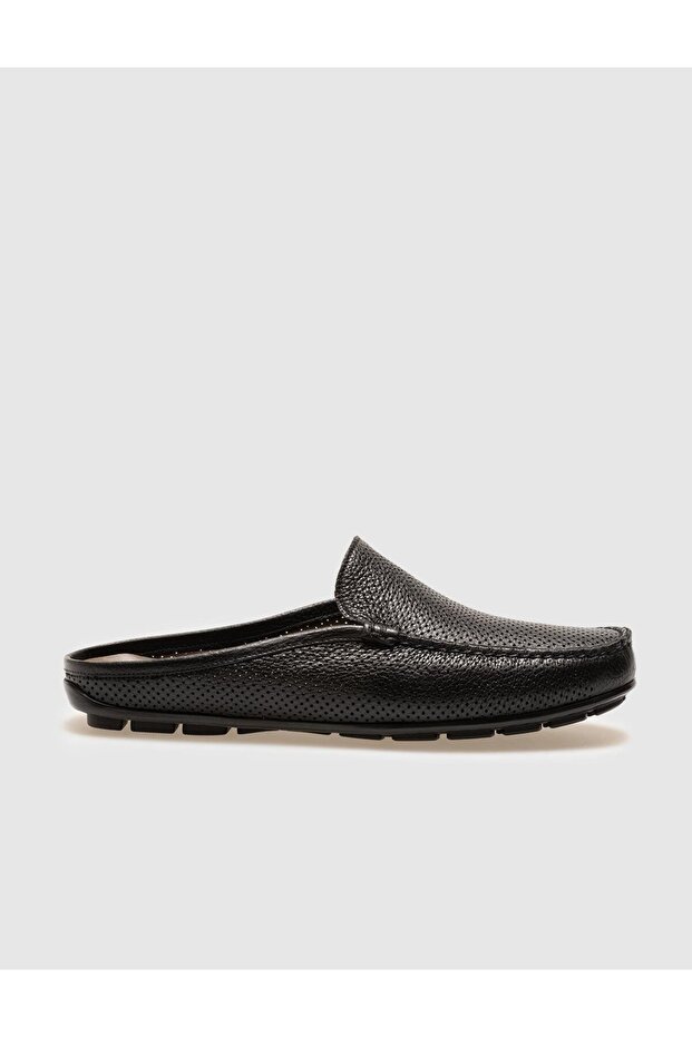 Genuine Leather Black Laser Embroidered Men's Casual Slippers