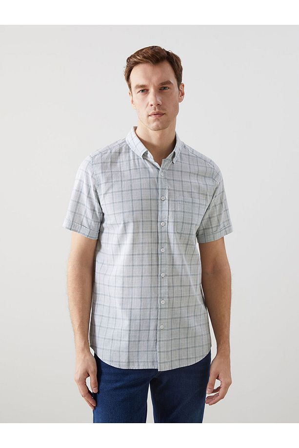 Classic Regular Fit Kısa Kollu Ekose Poplin Erkek Gömlek - 1