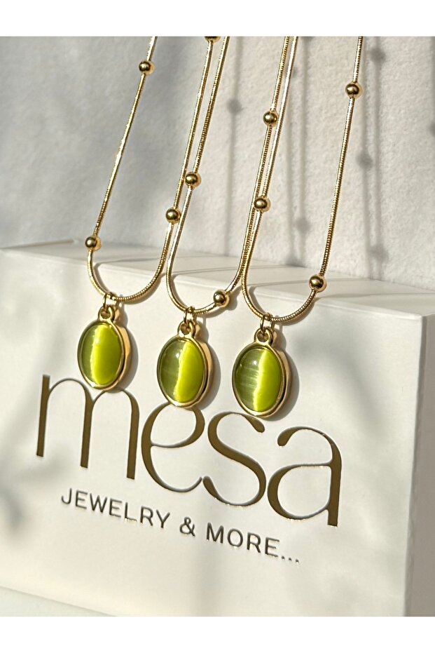 Oval Yeşil Taşlı Çelik Kolye - 2