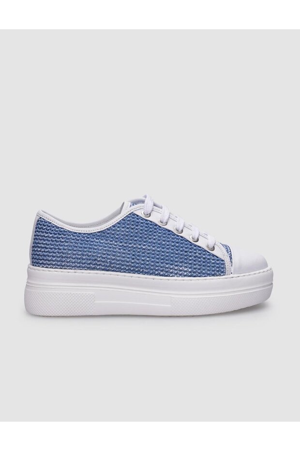 100% Genuine Leather White - Blue Lace-Up Women's Sports Shoes