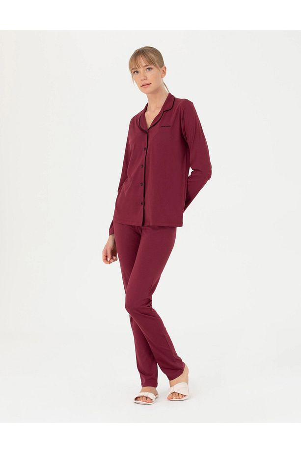 Kadın Bordo Pamuklu Modal Boydan Patlı Kutulu Pijama Takımı Q8.U.8O.K2.K.A8.P.C - 5