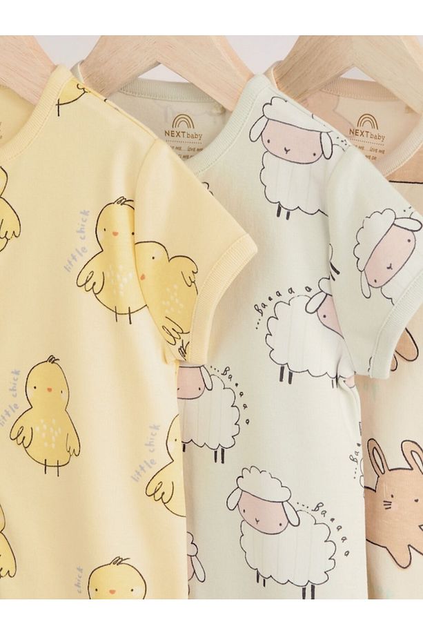 % 100 Pamuklu Krem Sarı Hayvan Desenli 3'lü Romper Set - 3