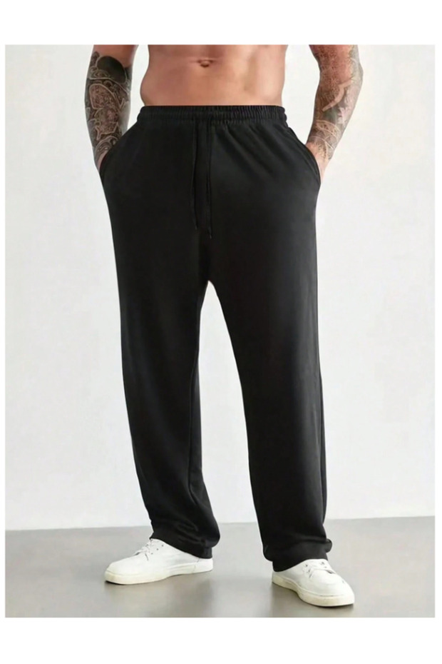 Black Wide Cut Baggy Oversize Plus Size Fit Comfortable Fabric Sweatpants Sportswear Pants 65Y