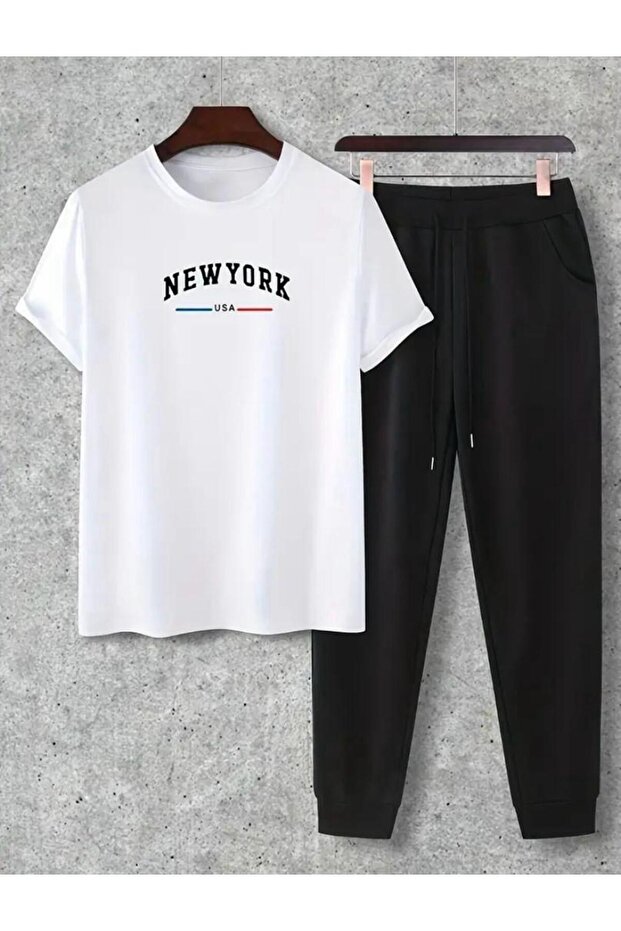 New York Printed T-Shirt Sweatpants Jogger Comfortable Fit Black Tracksuit Set