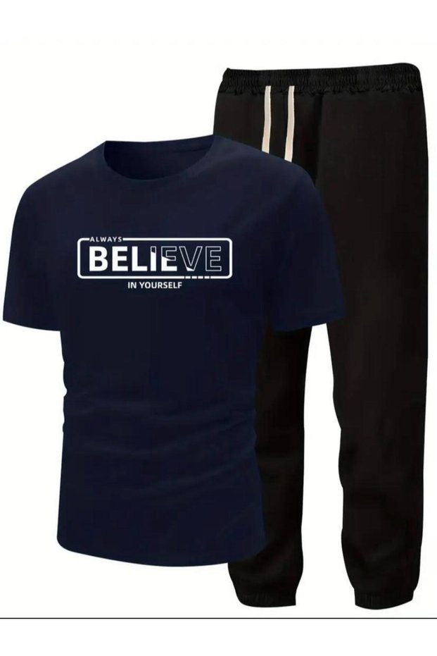 Believe Letter Printed T-Shirt Sweatpants Jogger Casual Fit Black Tracksuit Set