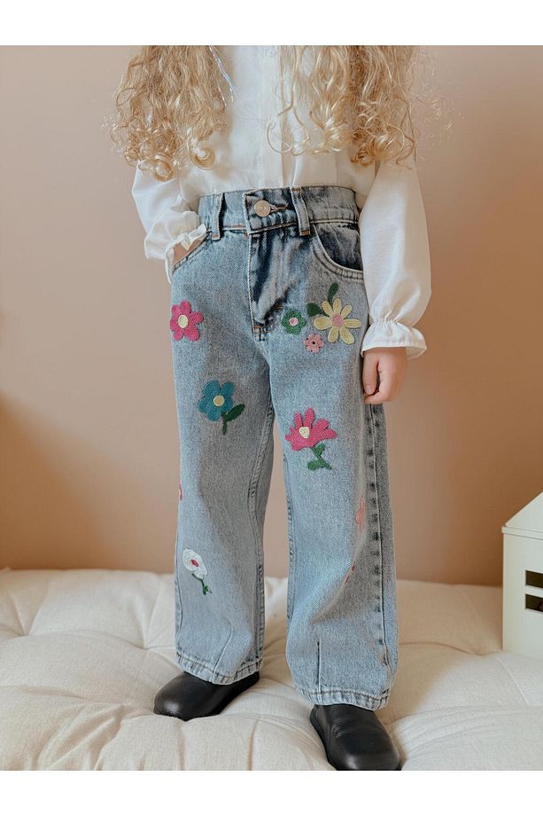 Yigit Butik Çiçek İşlemeli Kız Çocuk Denim Pantolon - 2
