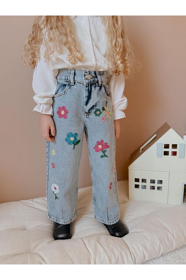 Yigit Butik Çiçek İşlemeli Kız Çocuk Denim Pantolon - 4