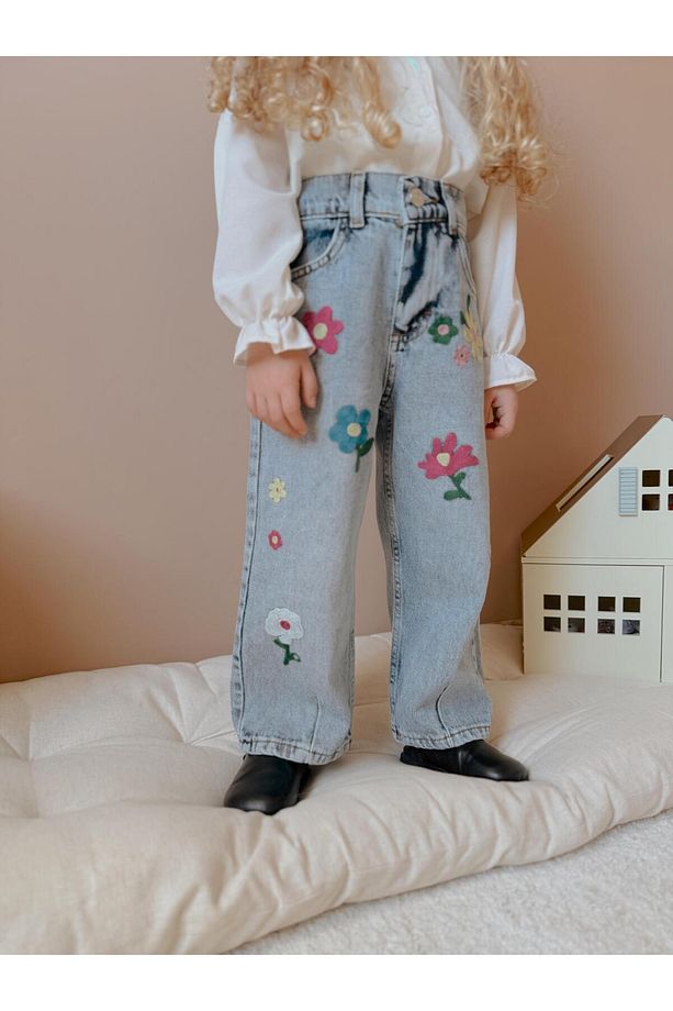 Yigit Butik Çiçek İşlemeli Kız Çocuk Denim Pantolon - 1