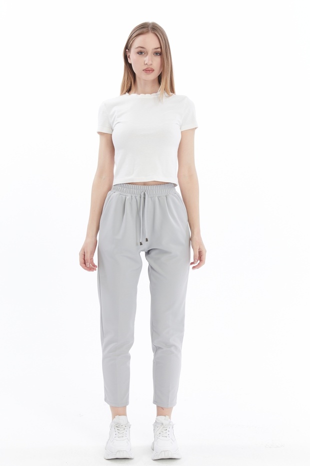 Elastic Waist Lace Detailed Narrow Leg Fabric Trousers