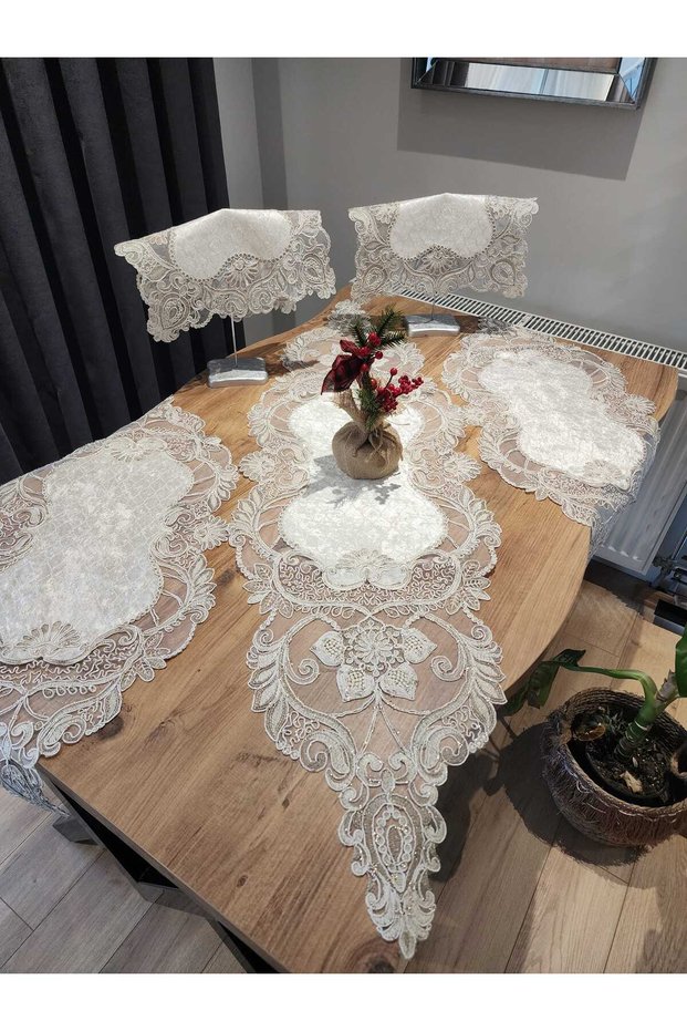Ev Textile Living Room Set Luxury 5-Piece Set Cream Velvet Runner-138X40 Ashtray-90X40 Napkin-40X40