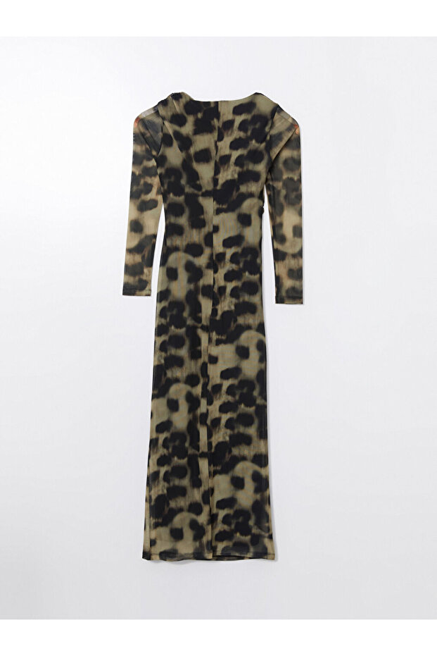 Bisiklet Yaka Leopar Desenli Elbise - 6