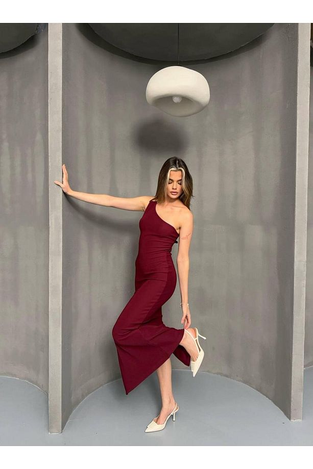 Kadın Tek Omuz Elbise Yırtmaçlı Maxi Boy - 7