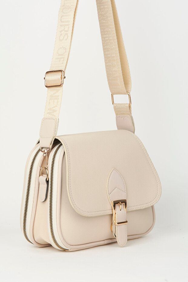 Women's Clover Cream 4-Pocket Cover Column Strap Zipper and Snap Closure Handbag and Shoulder Bag