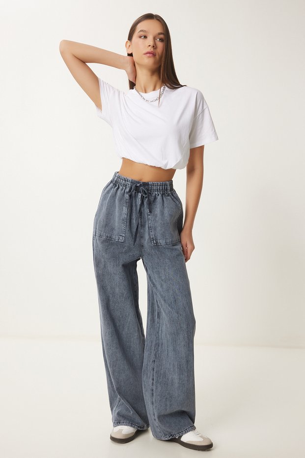 Wide Leg Denim Palazzo Trousers with Faded Effect Anthracite Lmx0071