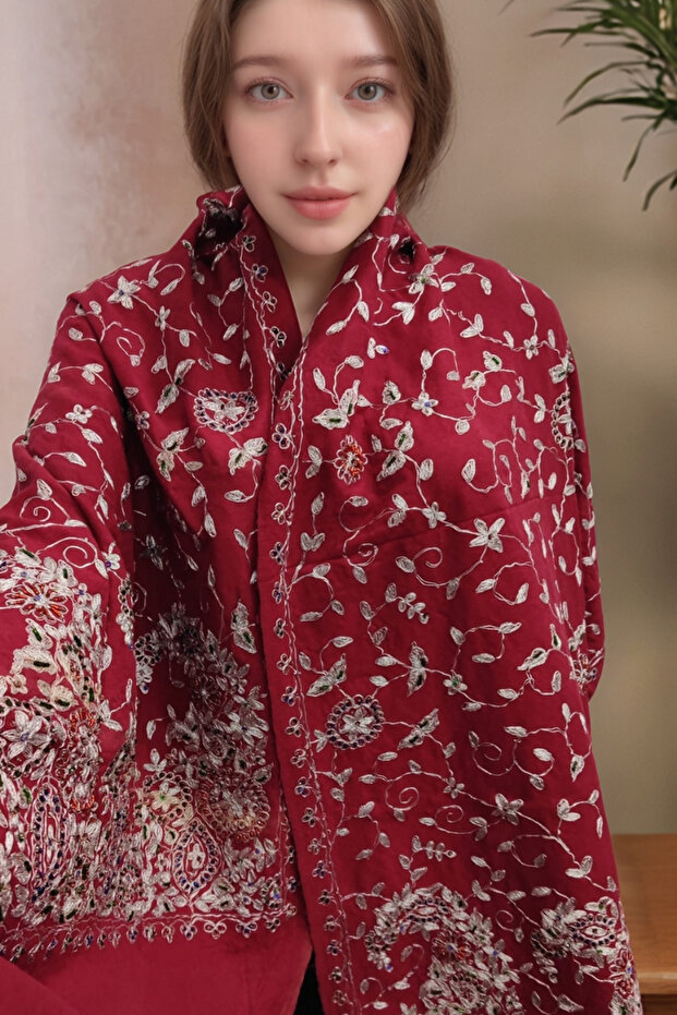 omuz Şal, El Yapımı Yün ve İpek, Boncuklarla Süslenmiş - 2