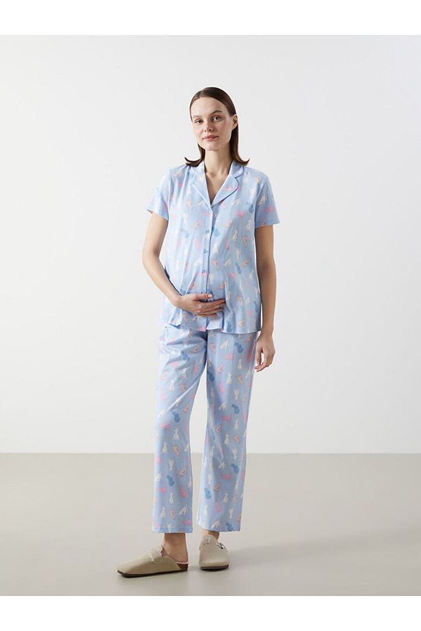 Gömlek Yaka Desenli Hamile Pijama Takımı - 1