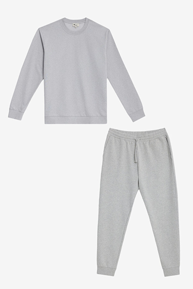 Erkek Gri Melanj 2 İplik Pamuklu Standart Fit Normal Kesim Eşofman Takımı Paketi - 1