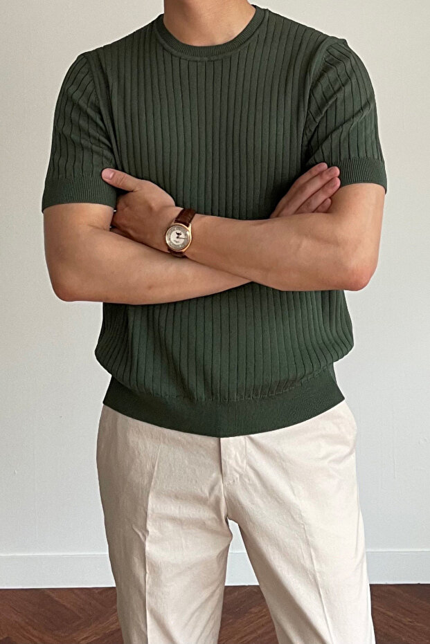 Men's Khaki Ribbed Slim Fit Crew Neck Knitwear T-Shirt