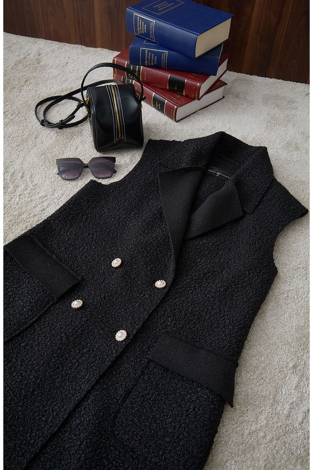 İnci Düğmeli Siyah Teddy Yelek - 8