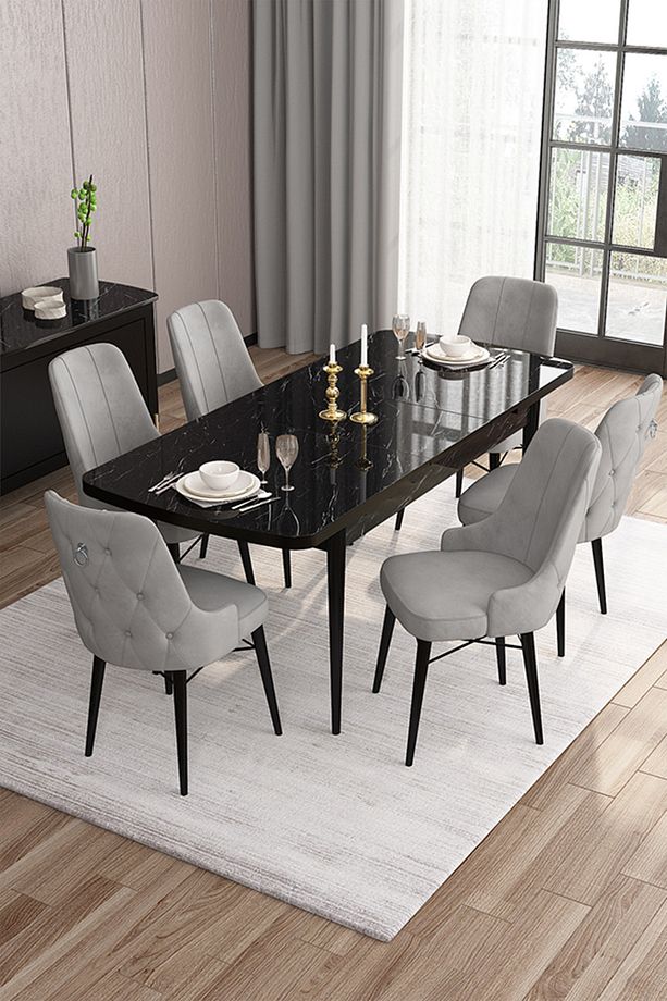 Are Serisi 80x132 Mdf Açılabilir Siyah Mermer Desen Masa Takımı Ve 6 Gri Sandalye - 3