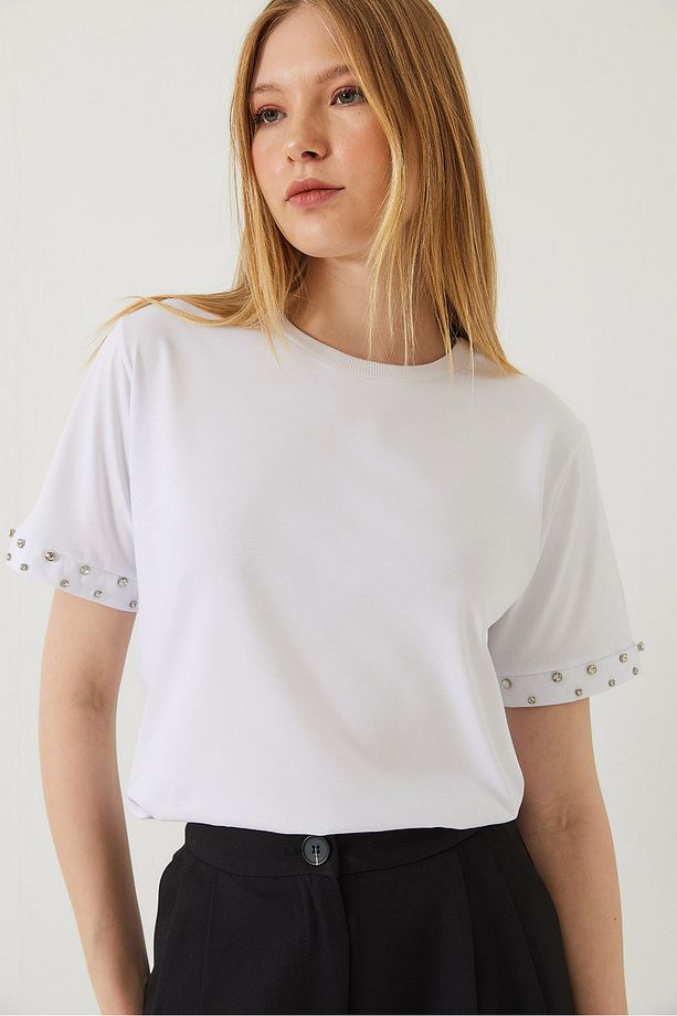 Kadın Kolları Taş İşlemeli Tshirt 60602002 - 2