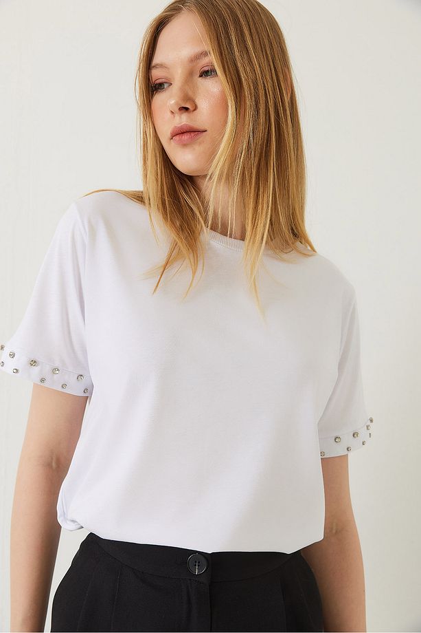 Kadın Kolları Taş İşlemeli Tshirt 60602002 - 5